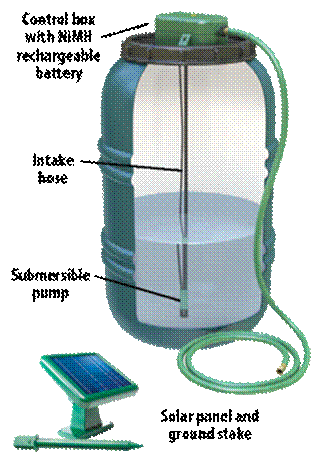 Cutaway view of rain barrel with solar-powered pump installed
